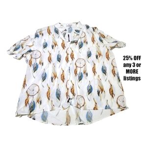 Dream Catcher Size 3X Feathers Silky Smooth Button Down Up Short Sleeve V-neck